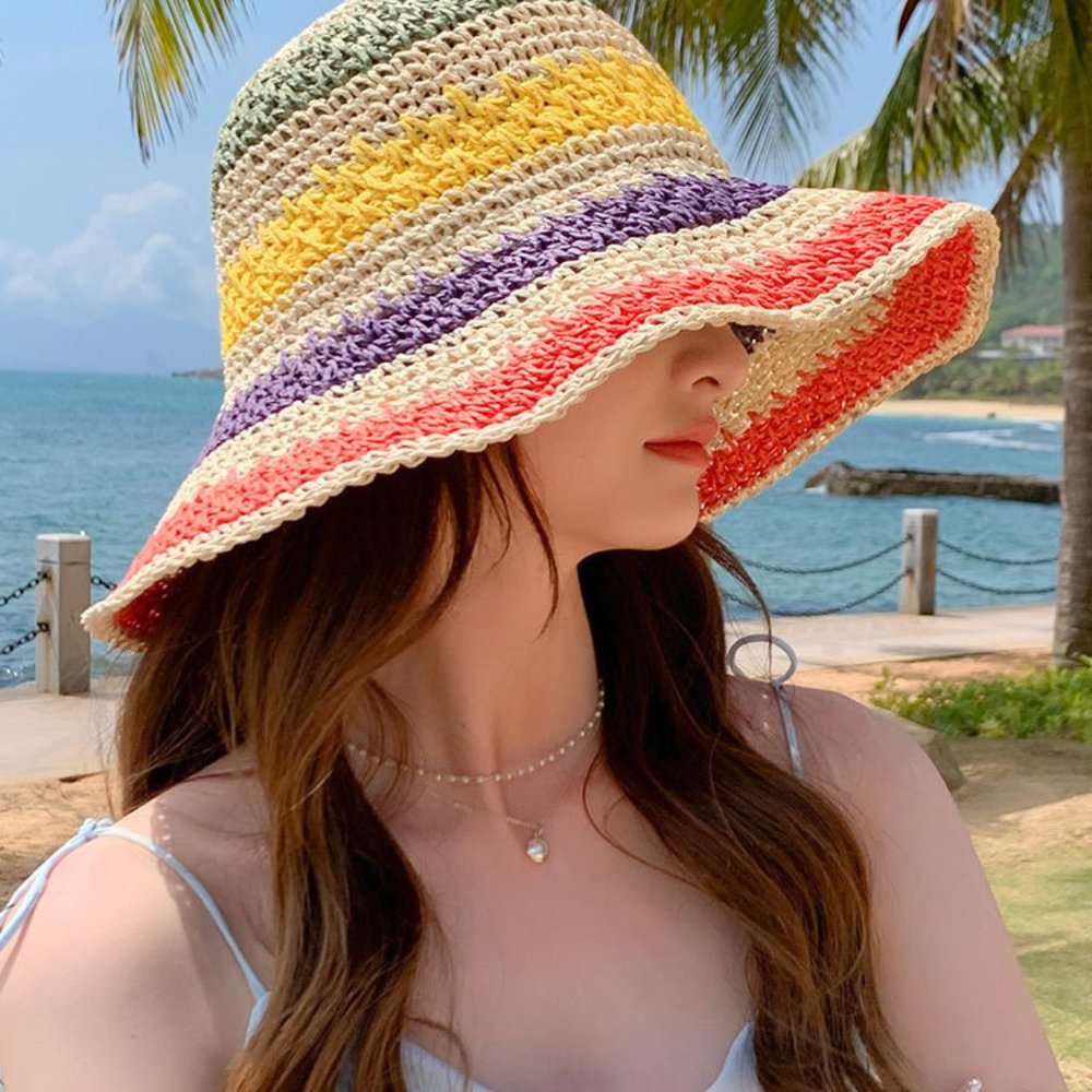 Foldable Bohemian Seaside Rainbow Color Straw Wov… - image 5